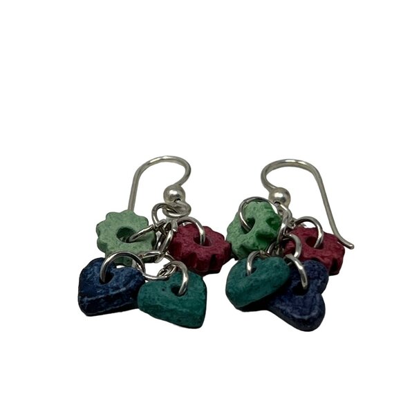 Handcrafted Earrings Silver Tone Dangle Wire Ceramic Beads Hearts Cogs - Picture 4 of 7